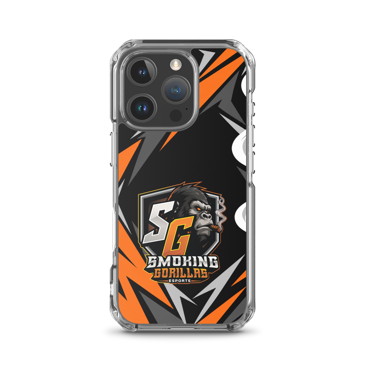 SMOKING GORILLAS Clearcase Handyhülle für iPhone 16 Pro – am Smartphone, schwarz-oranges Teamdesign