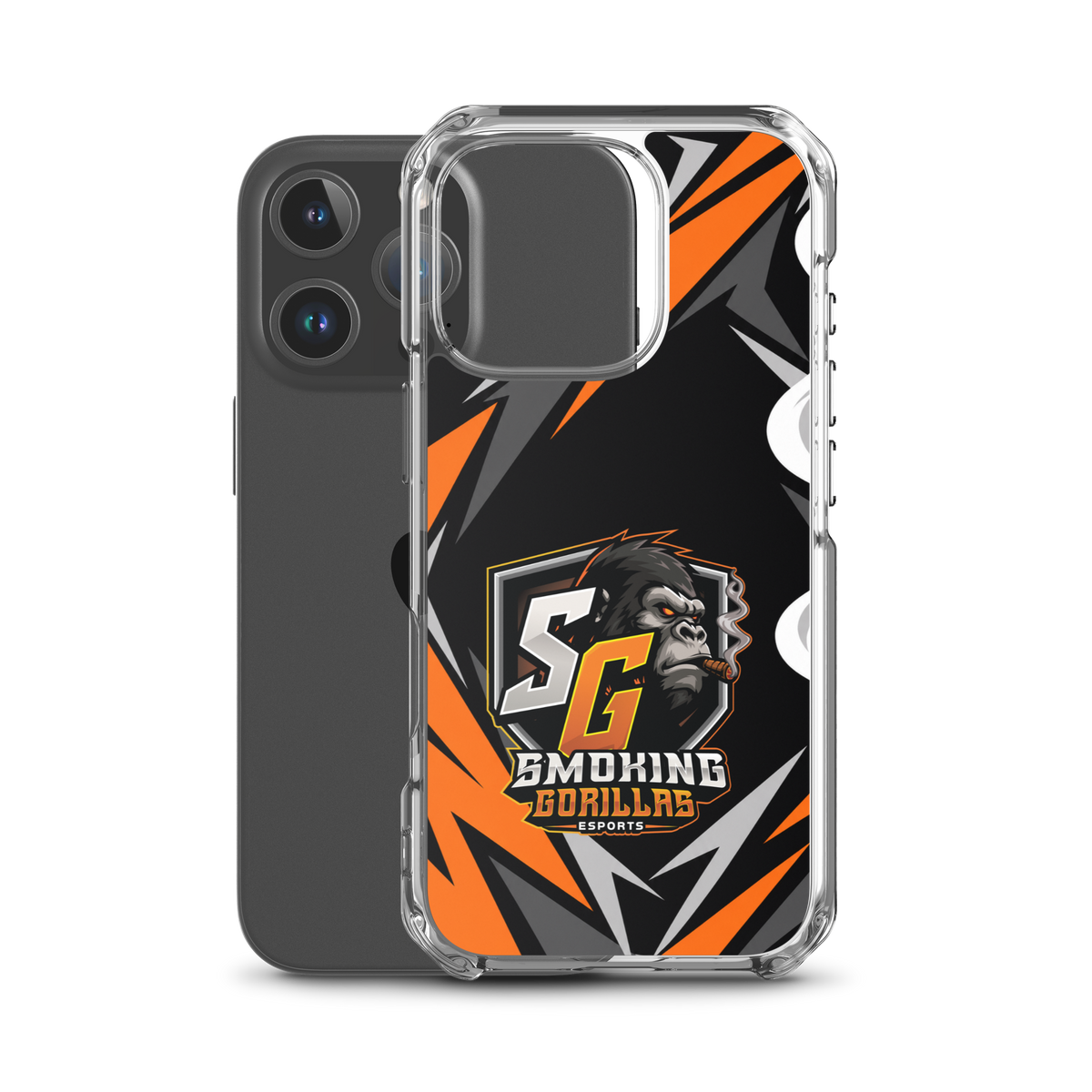 SMOKING GORILLAS Clearcase Handyhülle für iPhone 16 Pro – Produktansicht, schwarz-oranges Teamdesign
