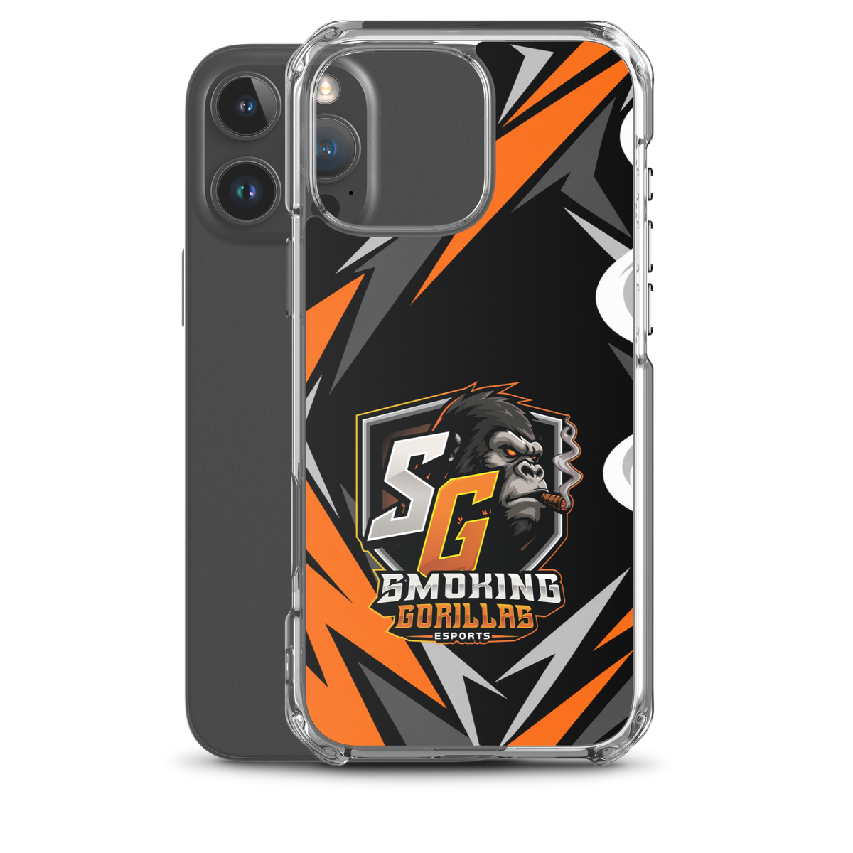 SMOKING GORILLAS Clearcase Handyhülle für iPhone 16 Pro Max – Produktansicht, schwarz-oranges Teamdesign
