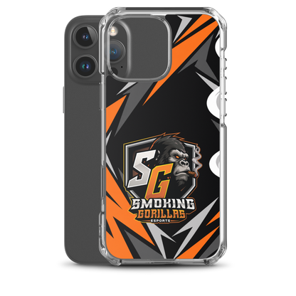 SMOKING GORILLAS Clearcase Handyhülle für iPhone 16 Pro Max – Produktansicht, schwarz-oranges Teamdesign