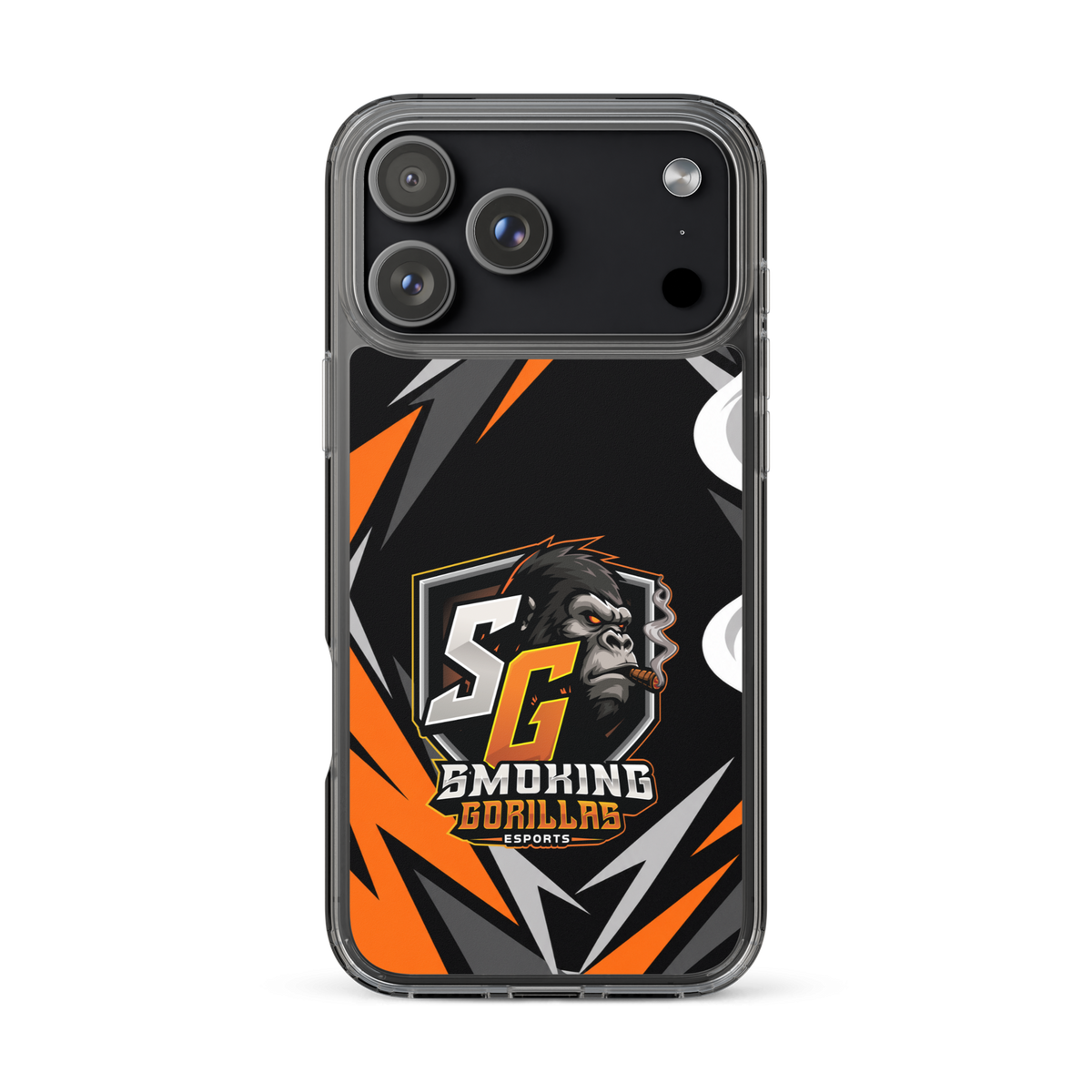 SMOKING GORILLAS Clearcase Handyhülle für iPhone 17 Pro Max – am Smartphone, schwarz-oranges Teamdesign