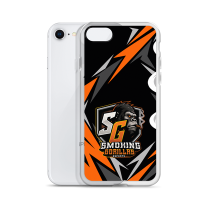 SMOKING GORILLAS Clearcase Handyhülle für iPhone 7/8 – Produktansicht, schwarz-oranges Teamdesign
