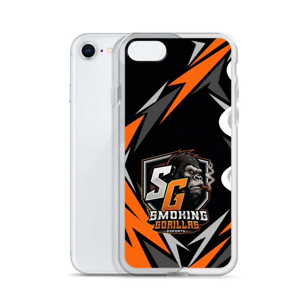 SMOKING GORILLAS Clearcase Handyhülle für iPhone SE – Produktansicht, schwarz-oranges Teamdesign