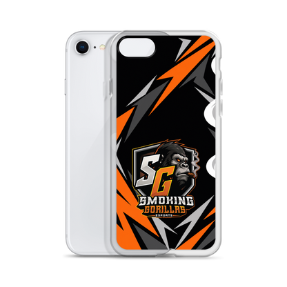 SMOKING GORILLAS Clearcase Handyhülle für iPhone SE – Produktansicht, schwarz-oranges Teamdesign