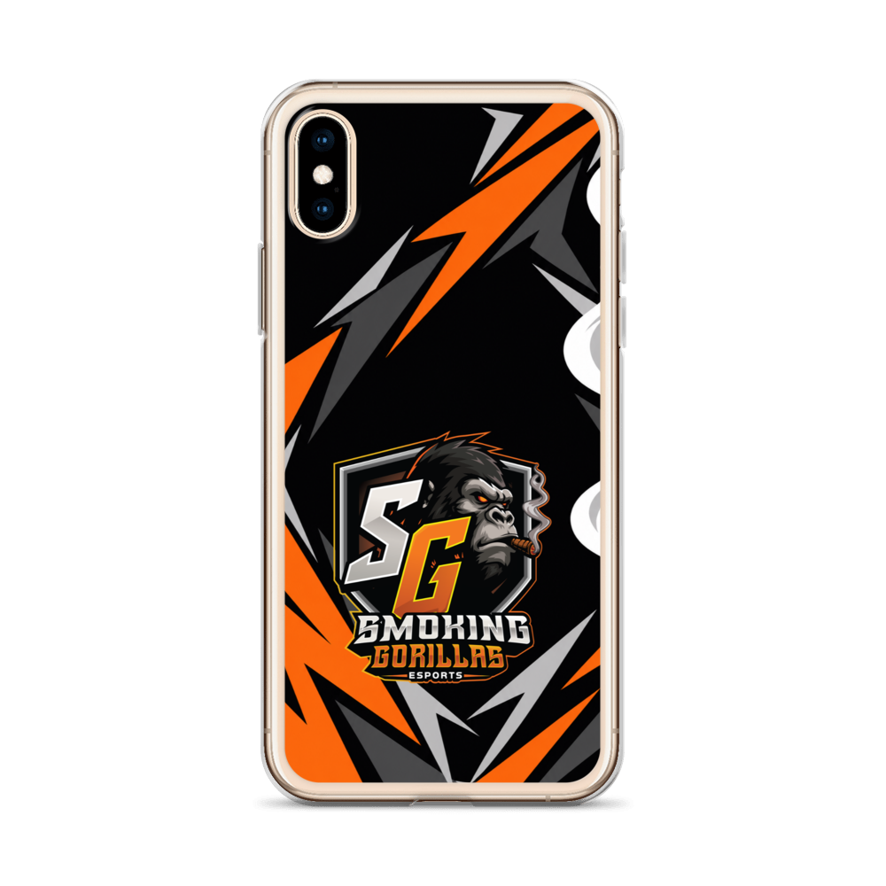 SMOKING GORILLAS Clearcase Handyhülle für iPhone X/XS – am Smartphone, schwarz-oranges Teamdesign