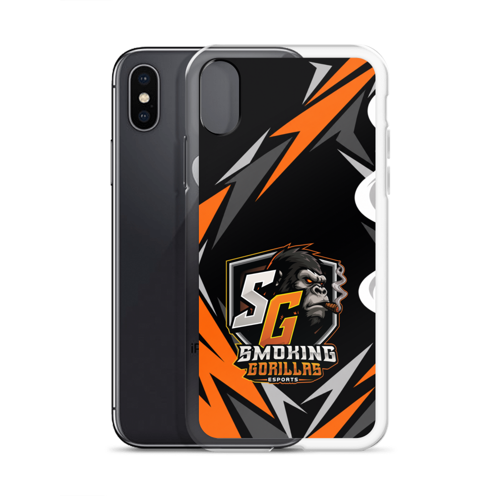 SMOKING GORILLAS Clearcase Handyhülle für iPhone X/XS – Produktansicht, schwarz-oranges Teamdesign