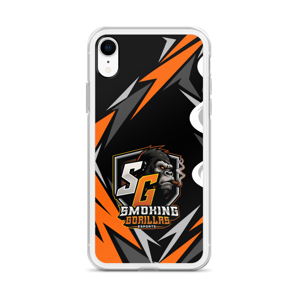 SMOKING GORILLAS Clearcase Handyhülle für iPhone XR – am Smartphone, schwarz-oranges Teamdesign