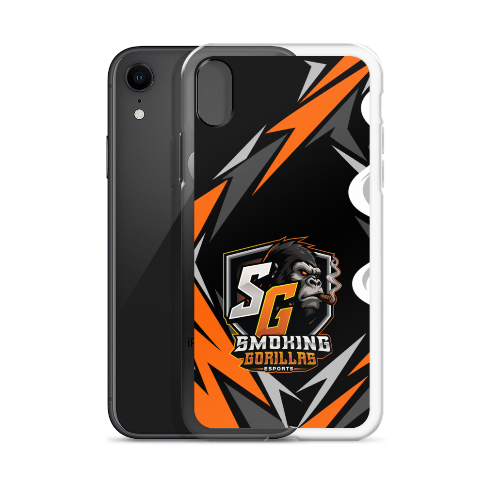 SMOKING GORILLAS Clearcase Handyhülle für iPhone XR – Produktansicht, schwarz-oranges Teamdesign