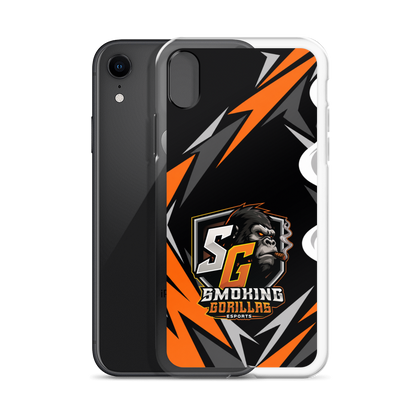 SMOKING GORILLAS Clearcase Handyhülle für iPhone XR – Produktansicht, schwarz-oranges Teamdesign