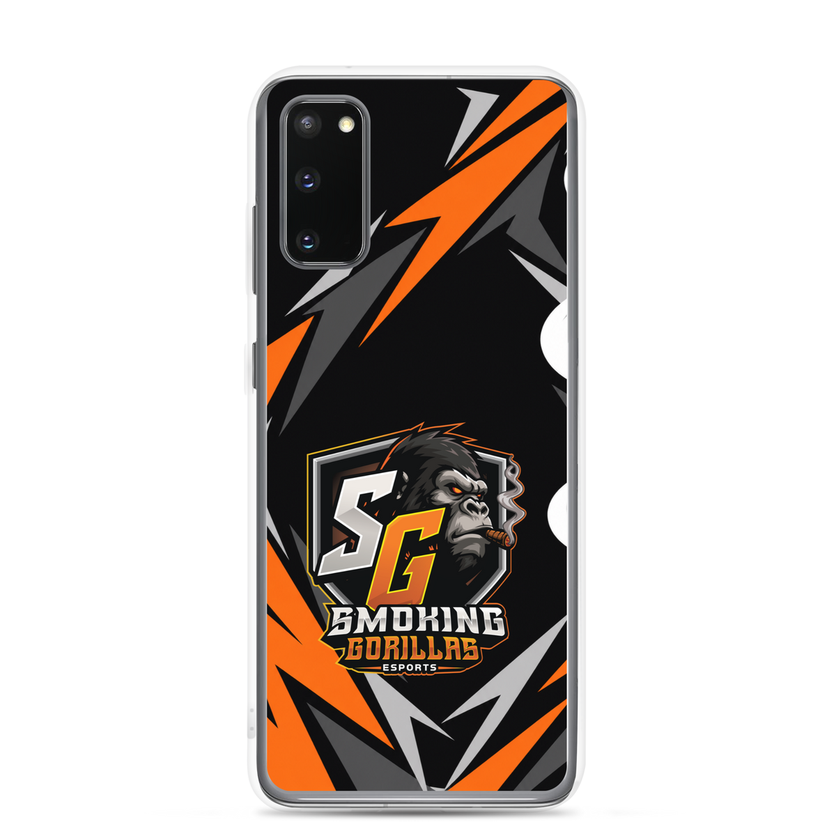 SMOKING GORILLAS Clearcase Handyhülle für Samsung Galaxy S20 – am Smartphone, schwarz-oranges Teamdesign