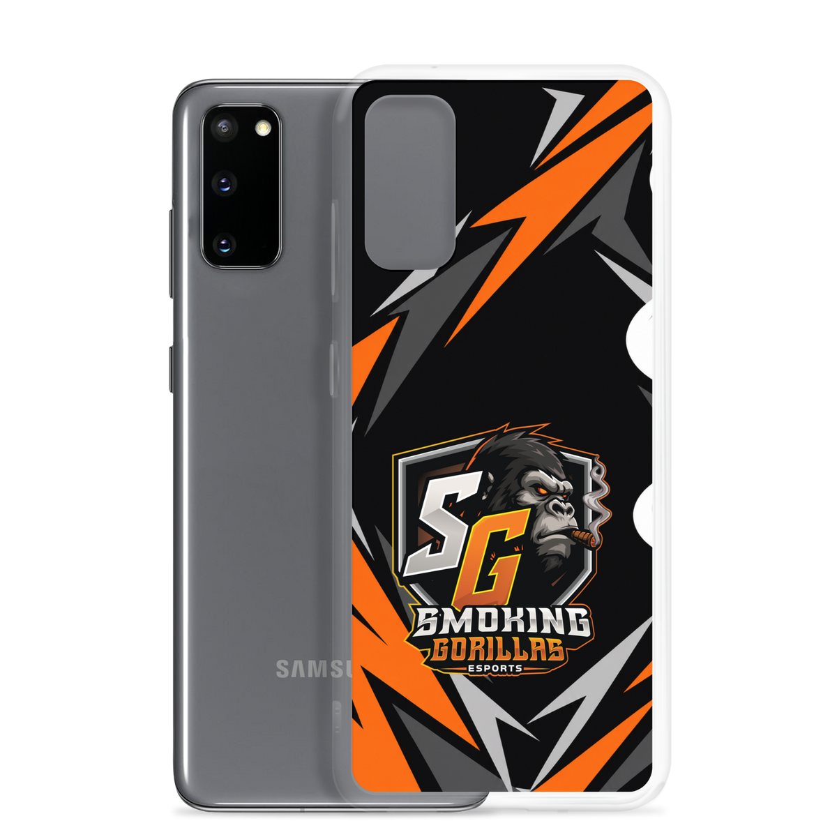 SMOKING GORILLAS Clearcase Handyhülle für Samsung Galaxy S20 – Produktansicht, schwarz-oranges Teamdesign