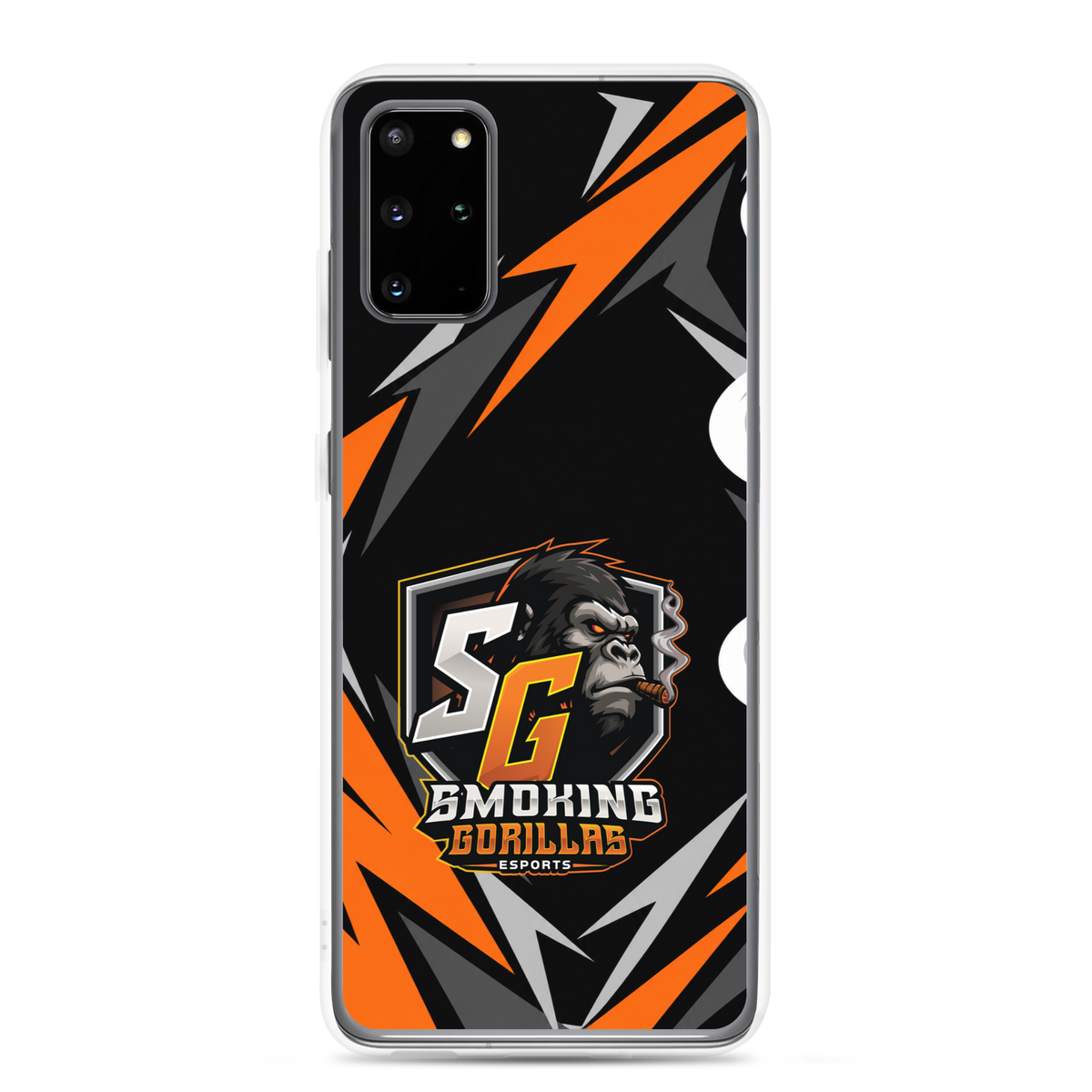 SMOKING GORILLAS Clearcase Handyhülle für Samsung Galaxy S20 Plus – am Smartphone, schwarz-oranges Teamdesign