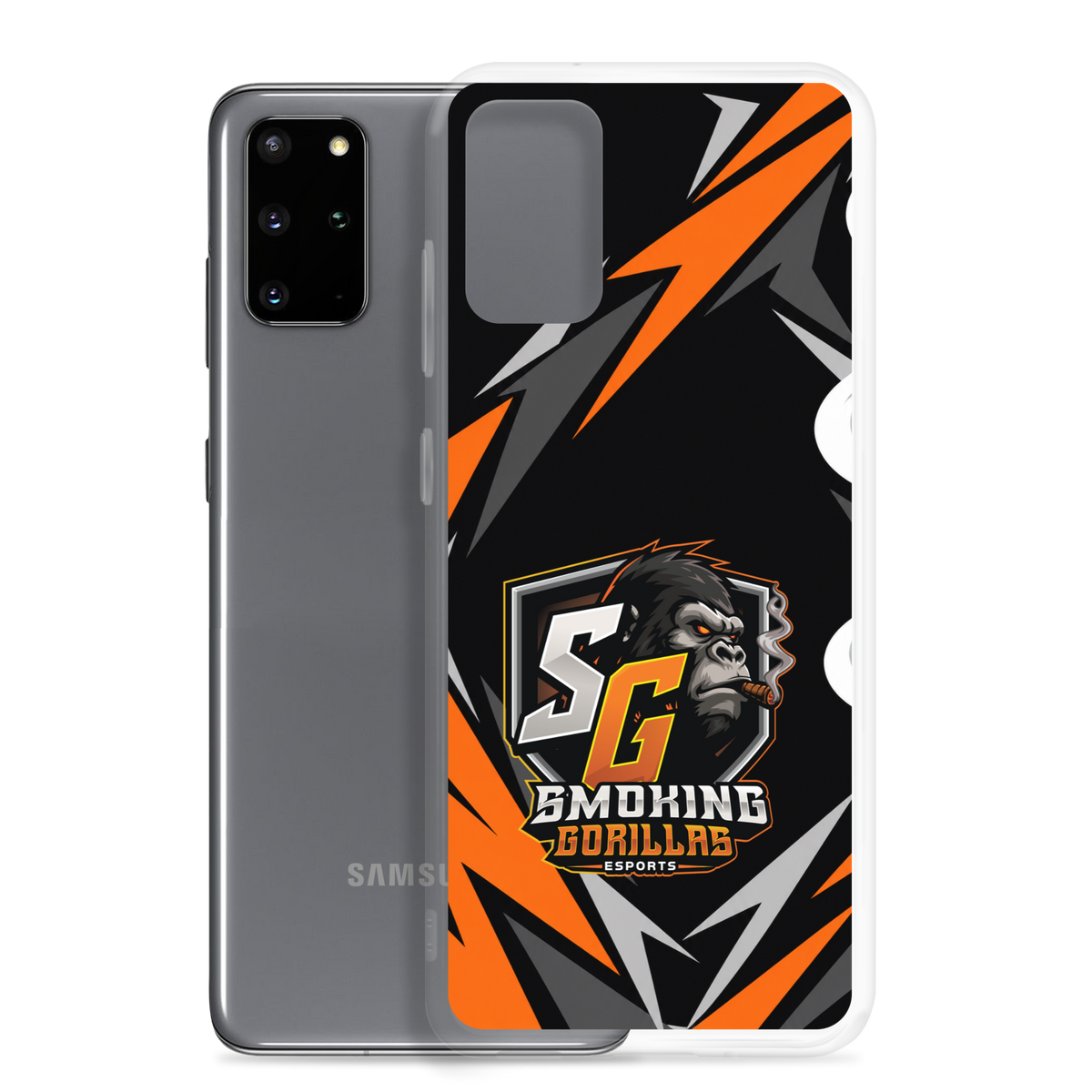 SMOKING GORILLAS Clearcase Handyhülle für Samsung Galaxy S20 Plus – Produktansicht, schwarz-oranges Teamdesign
