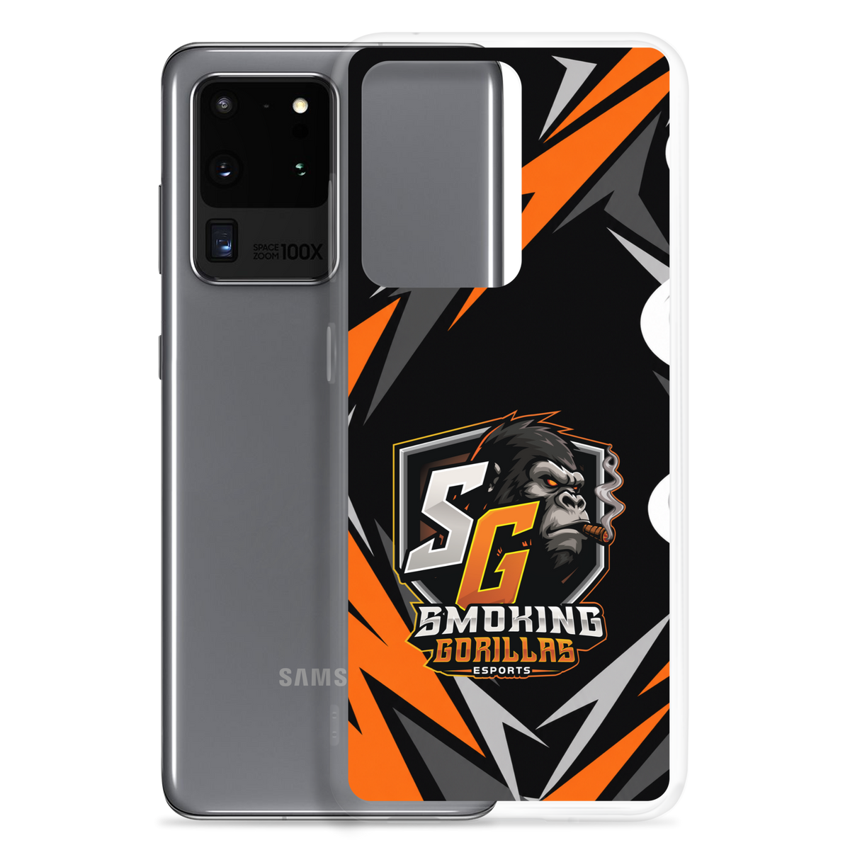 SMOKING GORILLAS Clearcase Handyhülle für Samsung Galaxy S20 Ultra – Produktansicht, schwarz-oranges Teamdesign