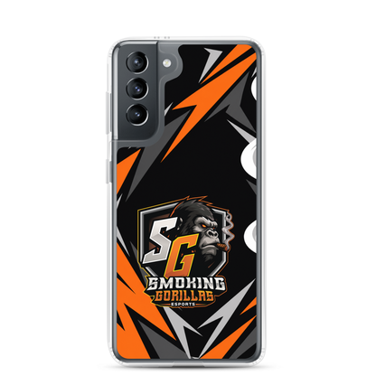 SMOKING GORILLAS Clearcase Handyhülle für Samsung Galaxy S21 – am Smartphone, schwarz-oranges Teamdesign