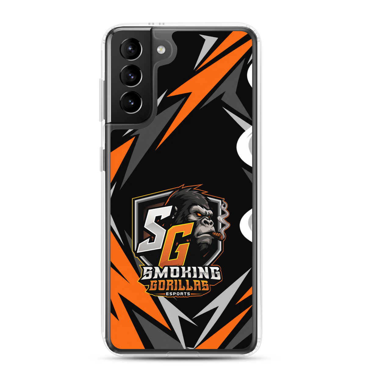 SMOKING GORILLAS Clearcase Handyhülle für Samsung Galaxy S21 Plus – am Smartphone, schwarz-oranges Teamdesign