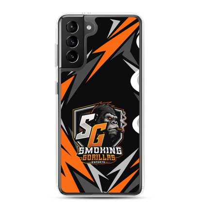 SMOKING GORILLAS Clearcase Handyhülle für Samsung Galaxy S21 Plus – am Smartphone, schwarz-oranges Teamdesign