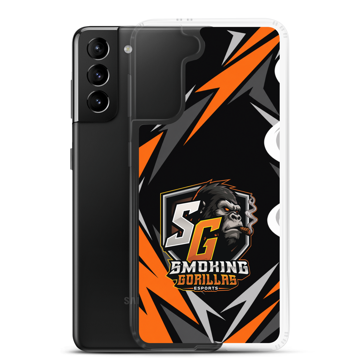 SMOKING GORILLAS Clearcase Handyhülle für Samsung Galaxy S21 Plus – Produktansicht, schwarz-oranges Teamdesign