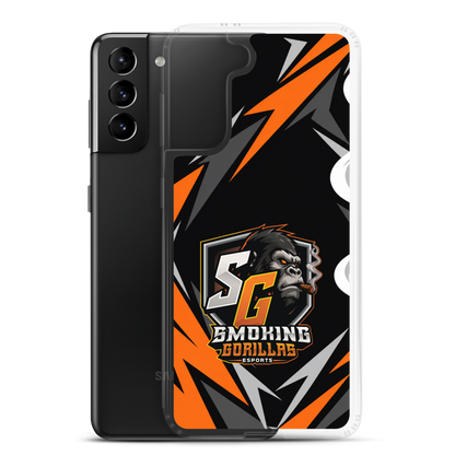 SMOKING GORILLAS Clearcase Handyhülle für Samsung Galaxy S21 Plus – Produktansicht, schwarz-oranges Teamdesign
