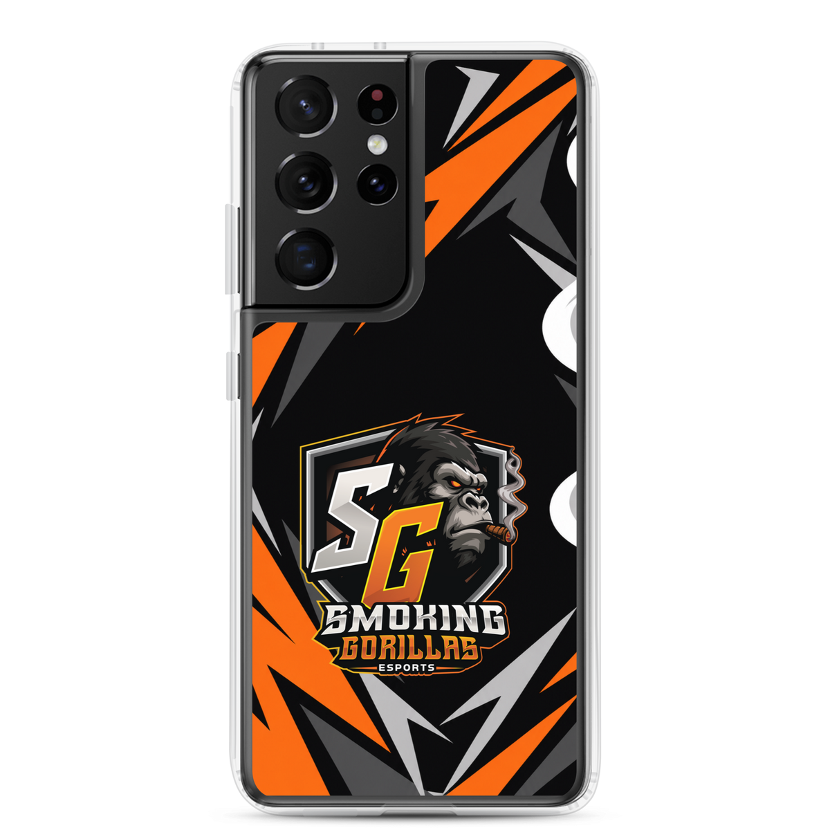 SMOKING GORILLAS Clearcase Handyhülle für Samsung Galaxy S21 Ultra – am Smartphone, schwarz-oranges Teamdesign