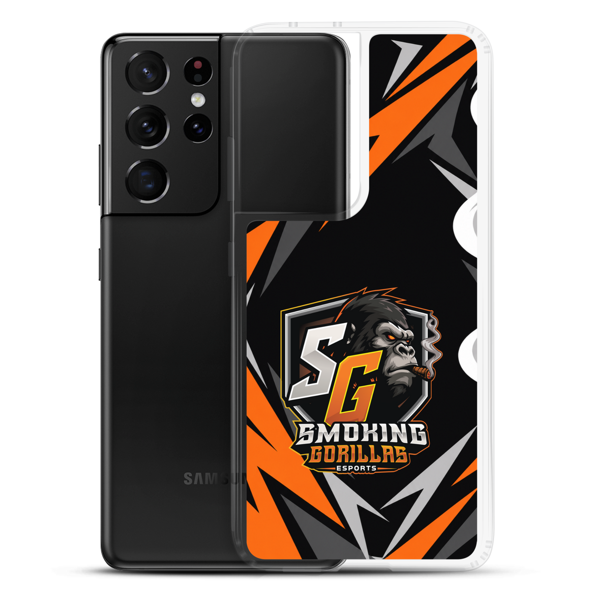 SMOKING GORILLAS Clearcase Handyhülle für Samsung Galaxy S21 Ultra – Produktansicht, schwarz-oranges Teamdesign