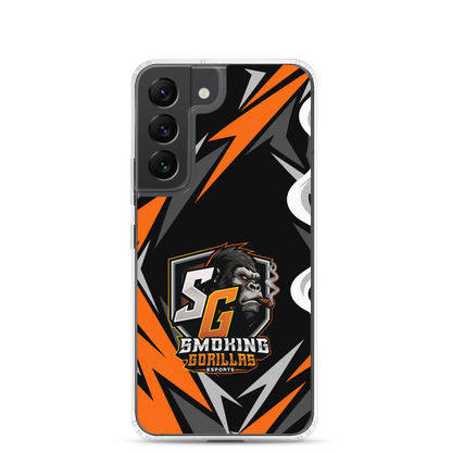 SMOKING GORILLAS Clearcase Handyhülle für Samsung Galaxy S22 – am Smartphone, schwarz-oranges Teamdesign