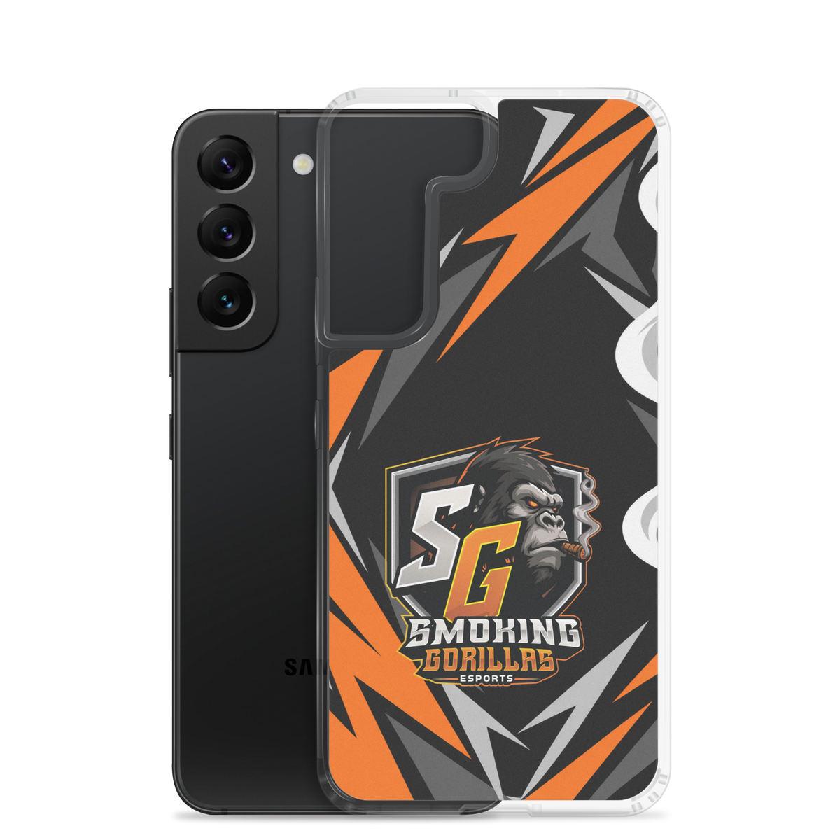 SMOKING GORILLAS Clearcase Handyhülle für Samsung Galaxy S22 – Produktansicht, schwarz-oranges Teamdesign