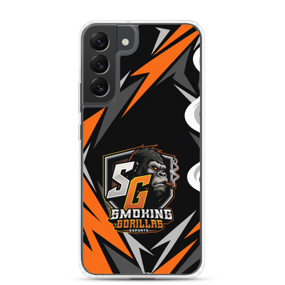 SMOKING GORILLAS Clearcase Handyhülle für Samsung Galaxy S22 Plus – am Smartphone, schwarz-oranges Teamdesign