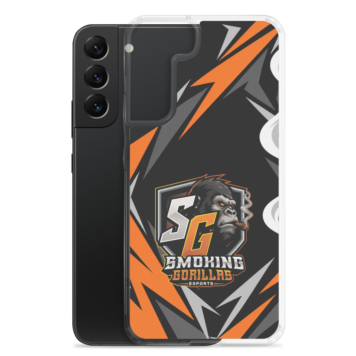 SMOKING GORILLAS Clearcase Handyhülle für Samsung Galaxy S22 Plus – Produktansicht, schwarz-oranges Teamdesign