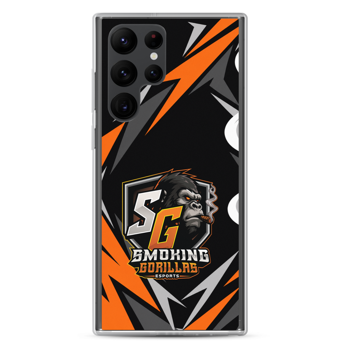 SMOKING GORILLAS Clearcase Handyhülle für Samsung Galaxy S22 Ultra – am Smartphone, schwarz-oranges Teamdesign