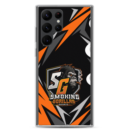 SMOKING GORILLAS Clearcase Handyhülle für Samsung Galaxy S22 Ultra – am Smartphone, schwarz-oranges Teamdesign