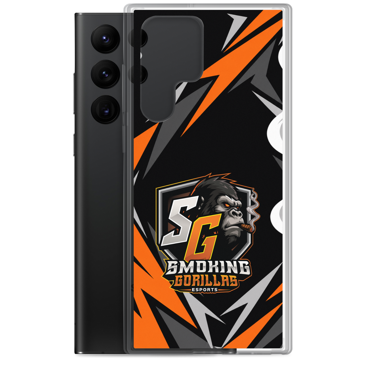 SMOKING GORILLAS Clearcase Handyhülle für Samsung Galaxy S22 Ultra – Produktansicht, schwarz-oranges Teamdesign