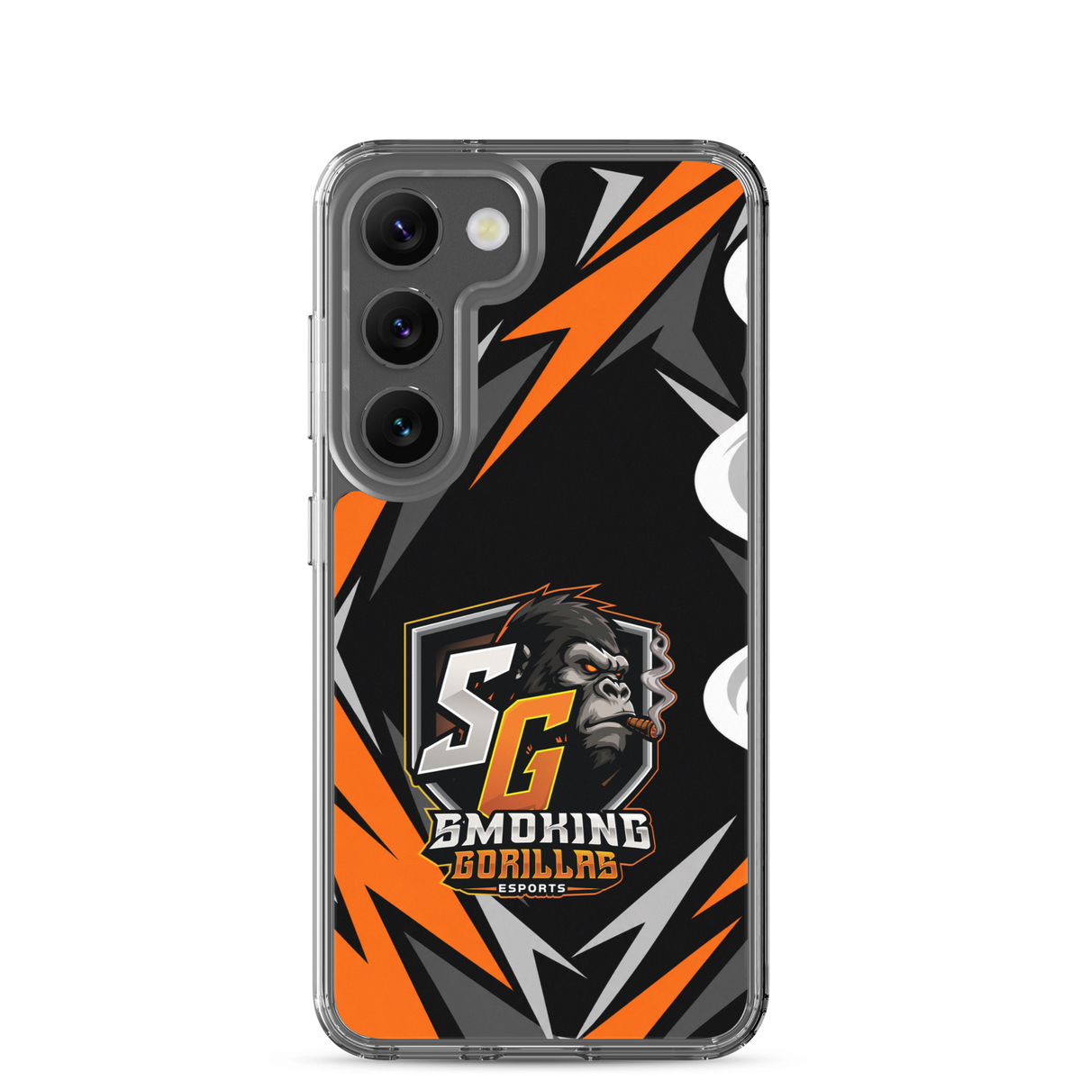 SMOKING GORILLAS Clearcase Handyhülle für Samsung Galaxy S23 – am Smartphone, schwarz-oranges Teamdesign