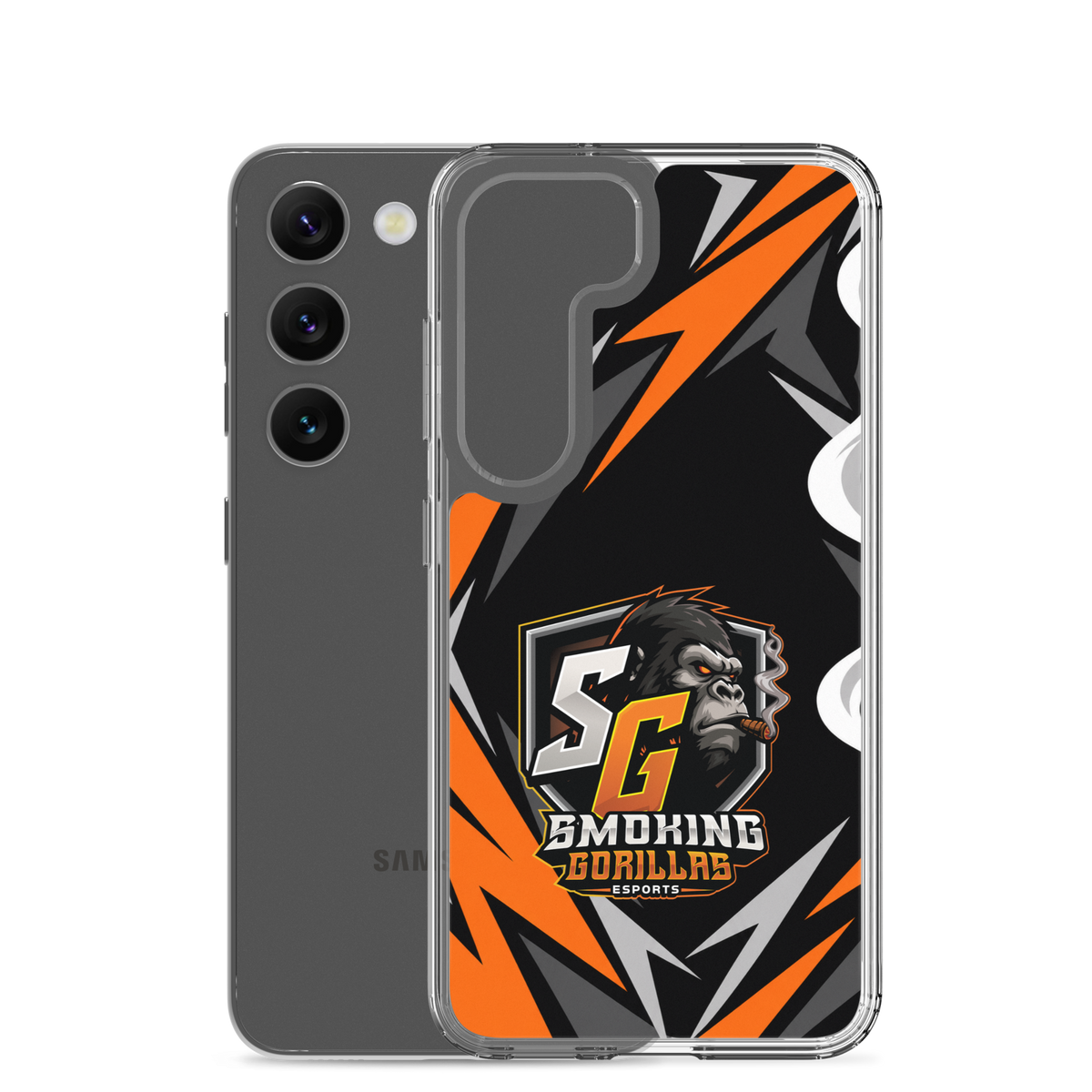 SMOKING GORILLAS Clearcase Handyhülle für Samsung Galaxy S23 – Produktansicht, schwarz-oranges Teamdesign