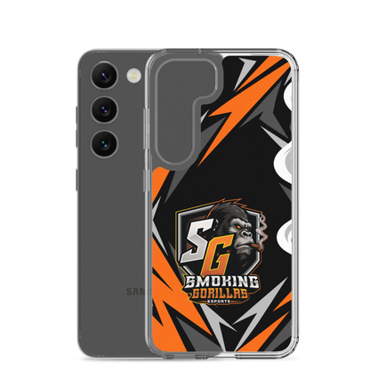 SMOKING GORILLAS Clearcase Handyhülle für Samsung Galaxy S23 – Produktansicht, schwarz-oranges Teamdesign