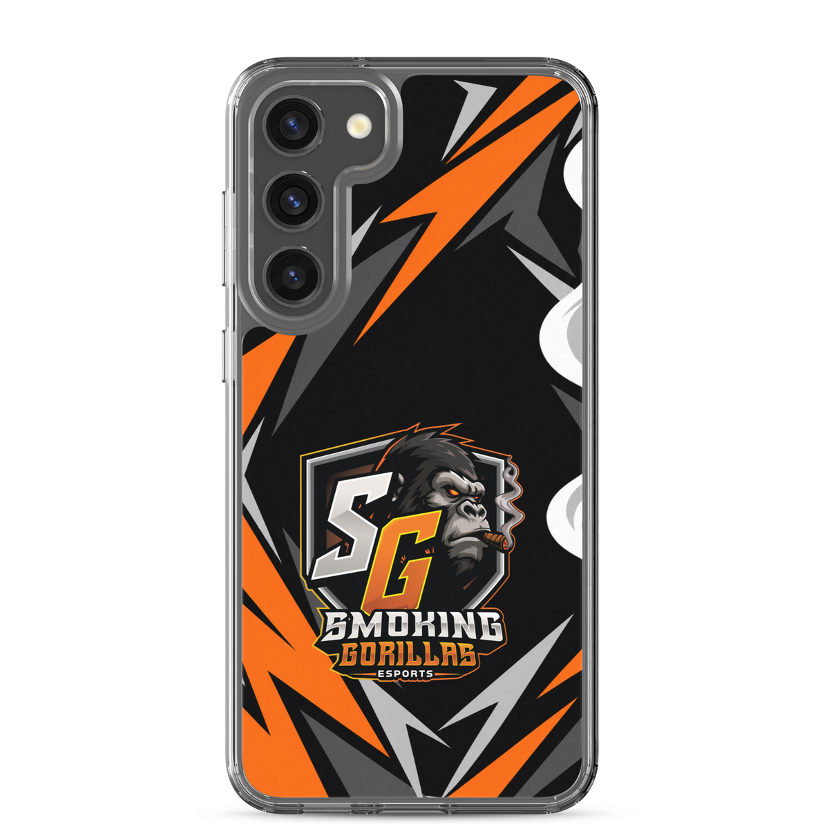 SMOKING GORILLAS Clearcase Handyhülle für Samsung Galaxy S23 Plus – am Smartphone, schwarz-oranges Teamdesign