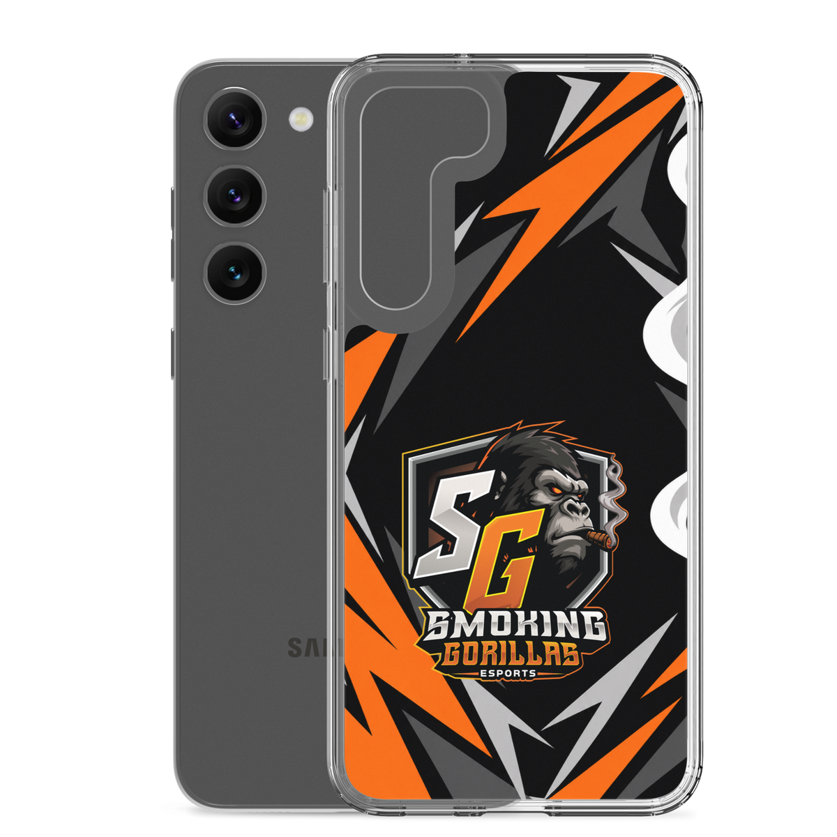 SMOKING GORILLAS Clearcase Handyhülle für Samsung Galaxy S23 Plus – Produktansicht, schwarz-oranges Teamdesign