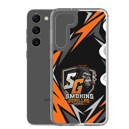 SMOKING GORILLAS Clearcase Handyhülle für Samsung Galaxy S23 Plus – Produktansicht, schwarz-oranges Teamdesign