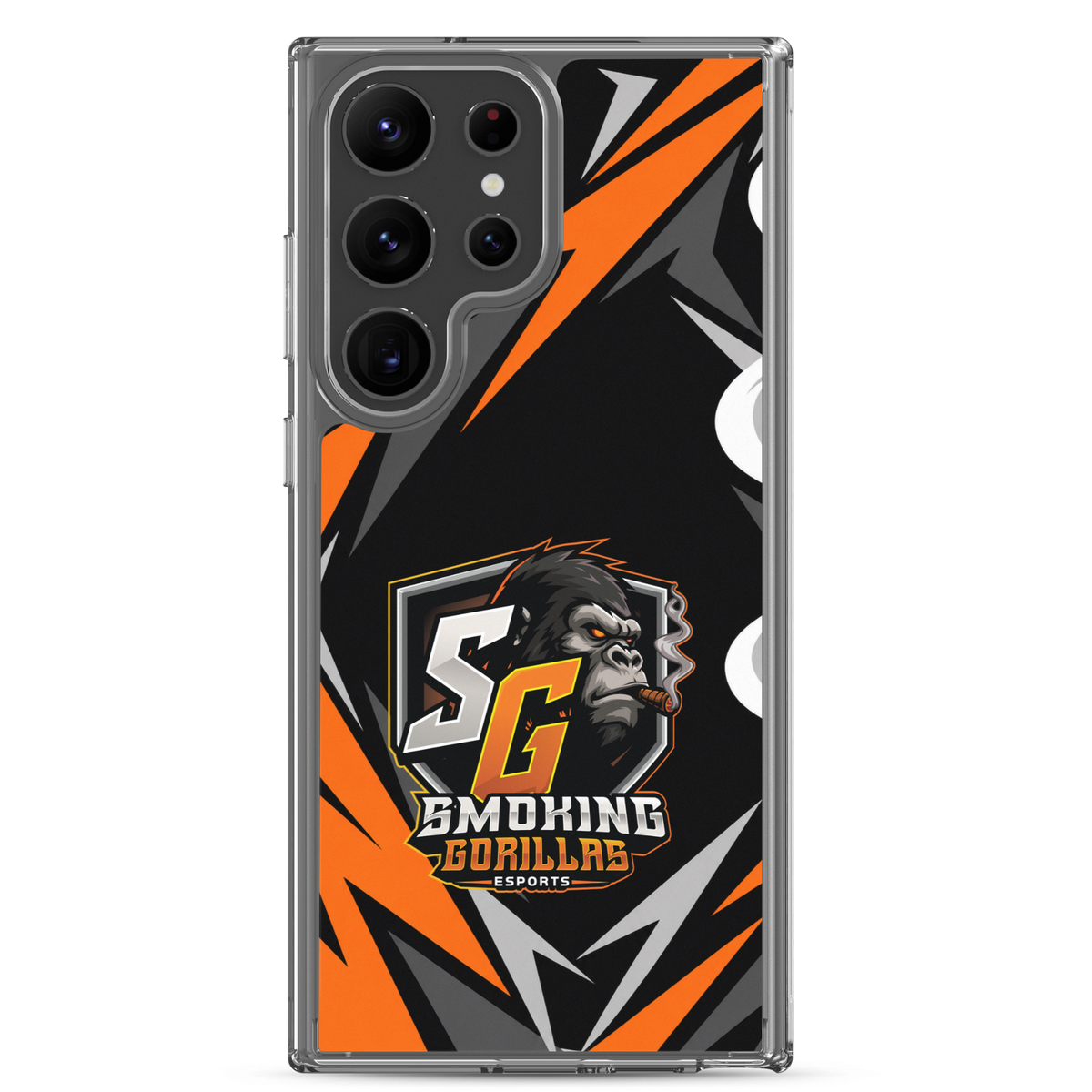SMOKING GORILLAS Clearcase Handyhülle für Samsung Galaxy S23 Ultra – am Smartphone, schwarz-oranges Teamdesign