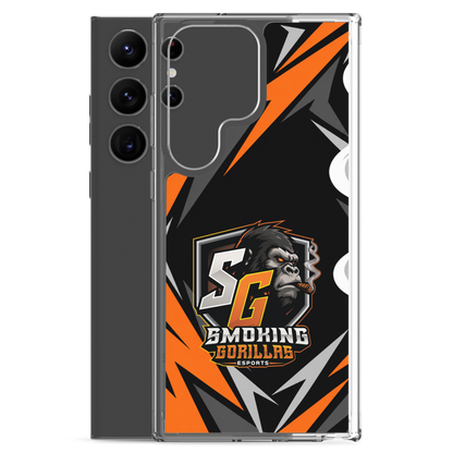 SMOKING GORILLAS Clearcase Handyhülle für Samsung Galaxy S23 Ultra – Produktansicht, schwarz-oranges Teamdesign