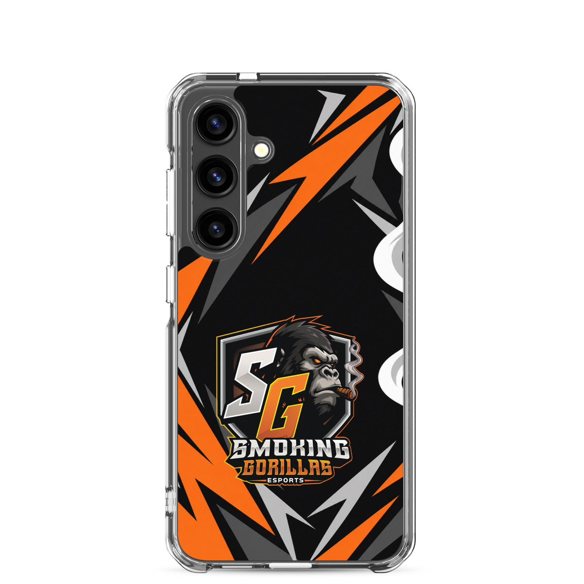 SMOKING GORILLAS Clearcase Handyhülle für Samsung Galaxy S24 – am Smartphone, schwarz-oranges Teamdesign