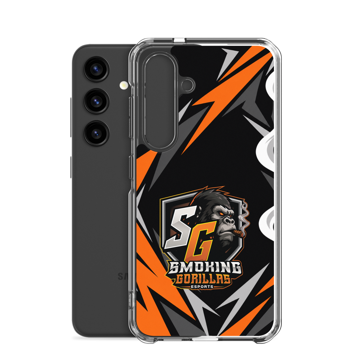 SMOKING GORILLAS Clearcase Handyhülle für Samsung Galaxy S24 – Produktansicht, schwarz-oranges Teamdesign