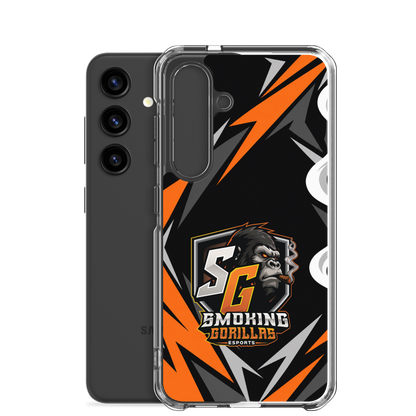 SMOKING GORILLAS Clearcase Handyhülle für Samsung Galaxy S24 – Produktansicht, schwarz-oranges Teamdesign