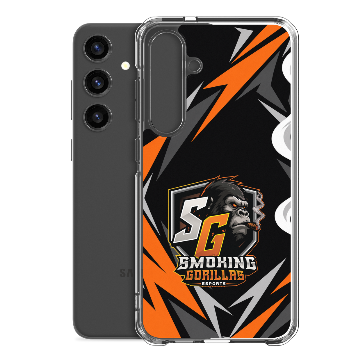 SMOKING GORILLAS Clearcase Handyhülle für Samsung Galaxy S24 Plus – Produktansicht, schwarz-oranges Teamdesign