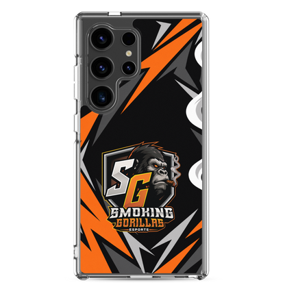 SMOKING GORILLAS Clearcase Handyhülle für Samsung Galaxy S24 Ultra – am Smartphone, schwarz-oranges Teamdesign