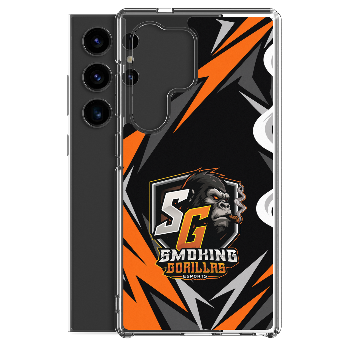 SMOKING GORILLAS Clearcase Handyhülle für Samsung Galaxy S24 Ultra – Produktansicht, schwarz-oranges Teamdesign