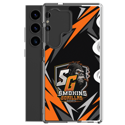 SMOKING GORILLAS Clearcase Handyhülle für Samsung Galaxy S24 Ultra – Produktansicht, schwarz-oranges Teamdesign