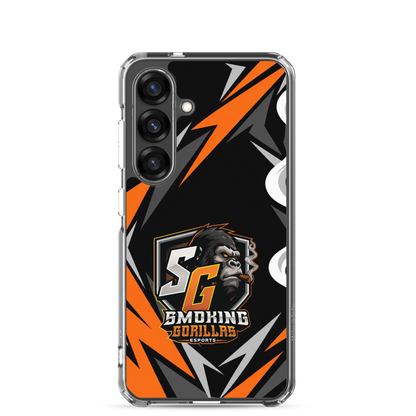 SMOKING GORILLAS Clearcase Handyhülle für Samsung Galaxy S25 – am Smartphone, schwarz-oranges Teamdesign