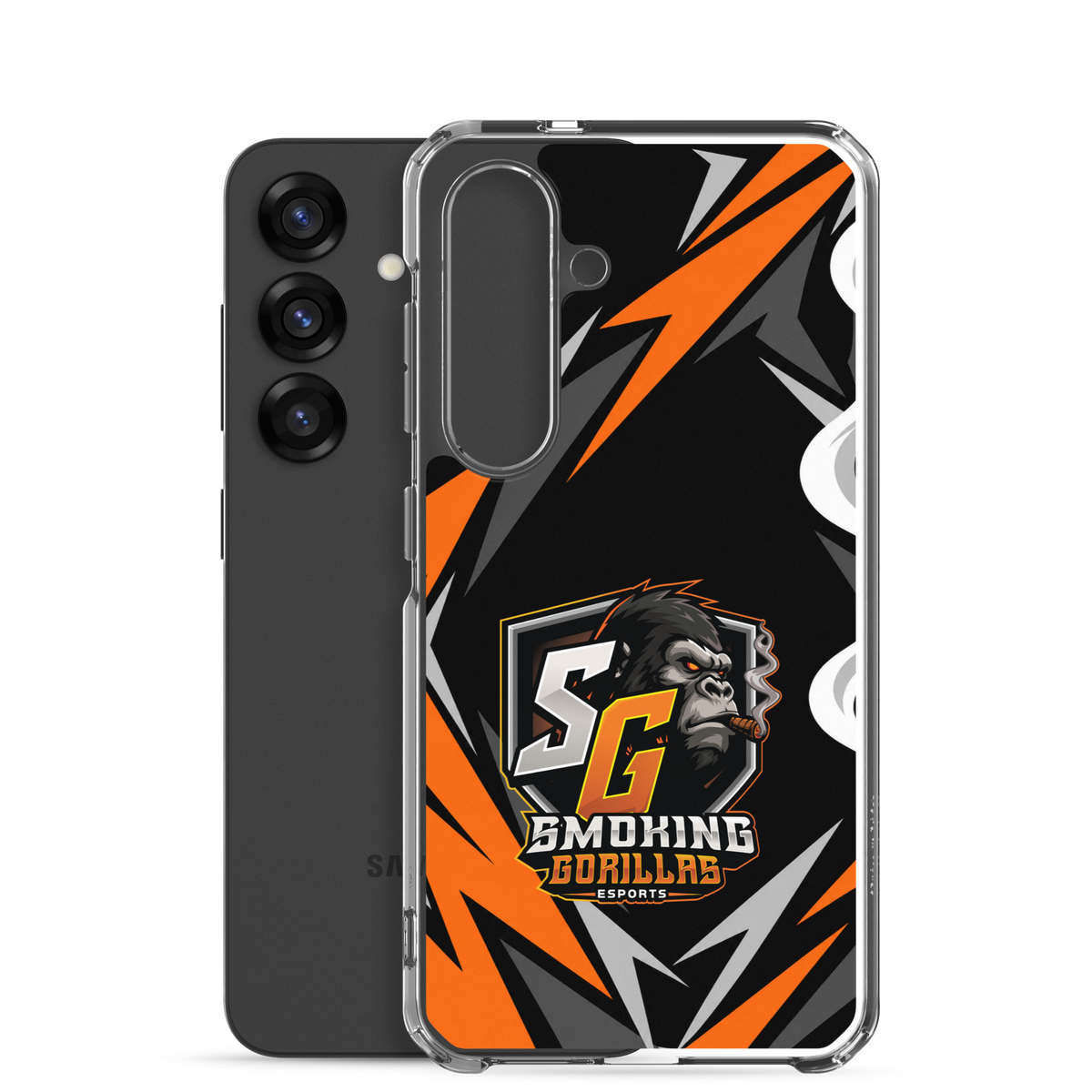 SMOKING GORILLAS Clearcase Handyhülle für Samsung Galaxy S25 – Produktansicht, schwarz-oranges Teamdesign