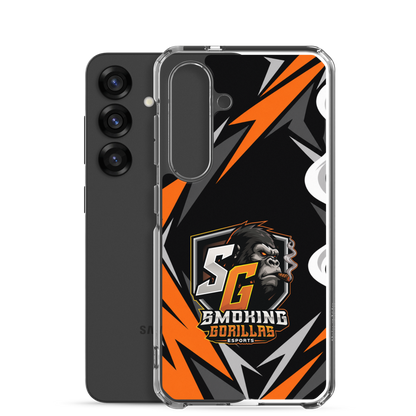 SMOKING GORILLAS Clearcase Handyhülle für Samsung Galaxy S25 – Produktansicht, schwarz-oranges Teamdesign